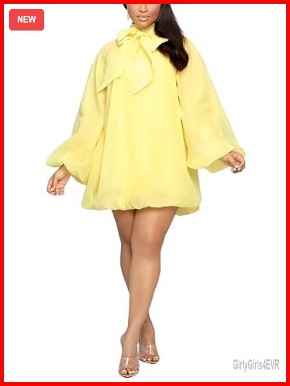 Yanfoam Women's Puff Sleeve Chiffon Mini Dress Bow A-Line Cocktail